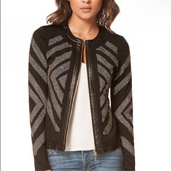 Carmin Tops - Carmin Womens Top or Jacket Gold Studded Vegan Leather Trim Full Zip Long Sleeve